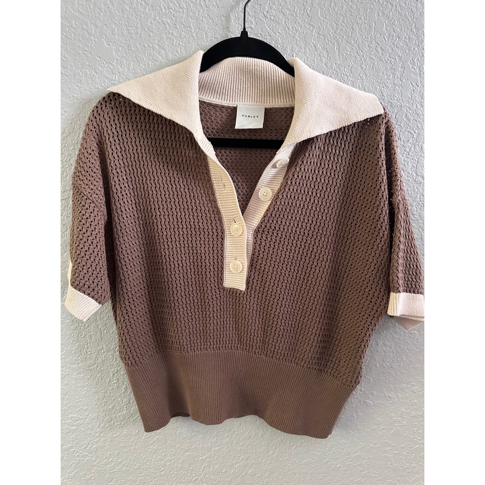 Varley Finch Knit Polo Brown Cream Cotton Crochet Short Sleeve Sweater VAR01826